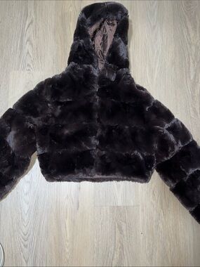 36 Point 5 Dark Brown Faux Fur Cropped Hooded Puffer Jacket